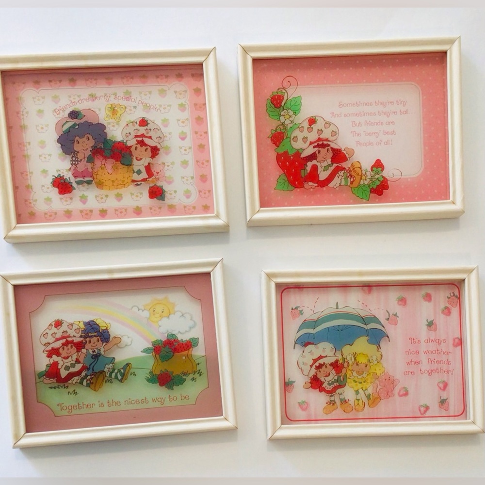 Set 4 Vintage Strawberry Shortcake Reverse Painted Glass Pictures 1980 ORIGINALS - Picture 2 of 14